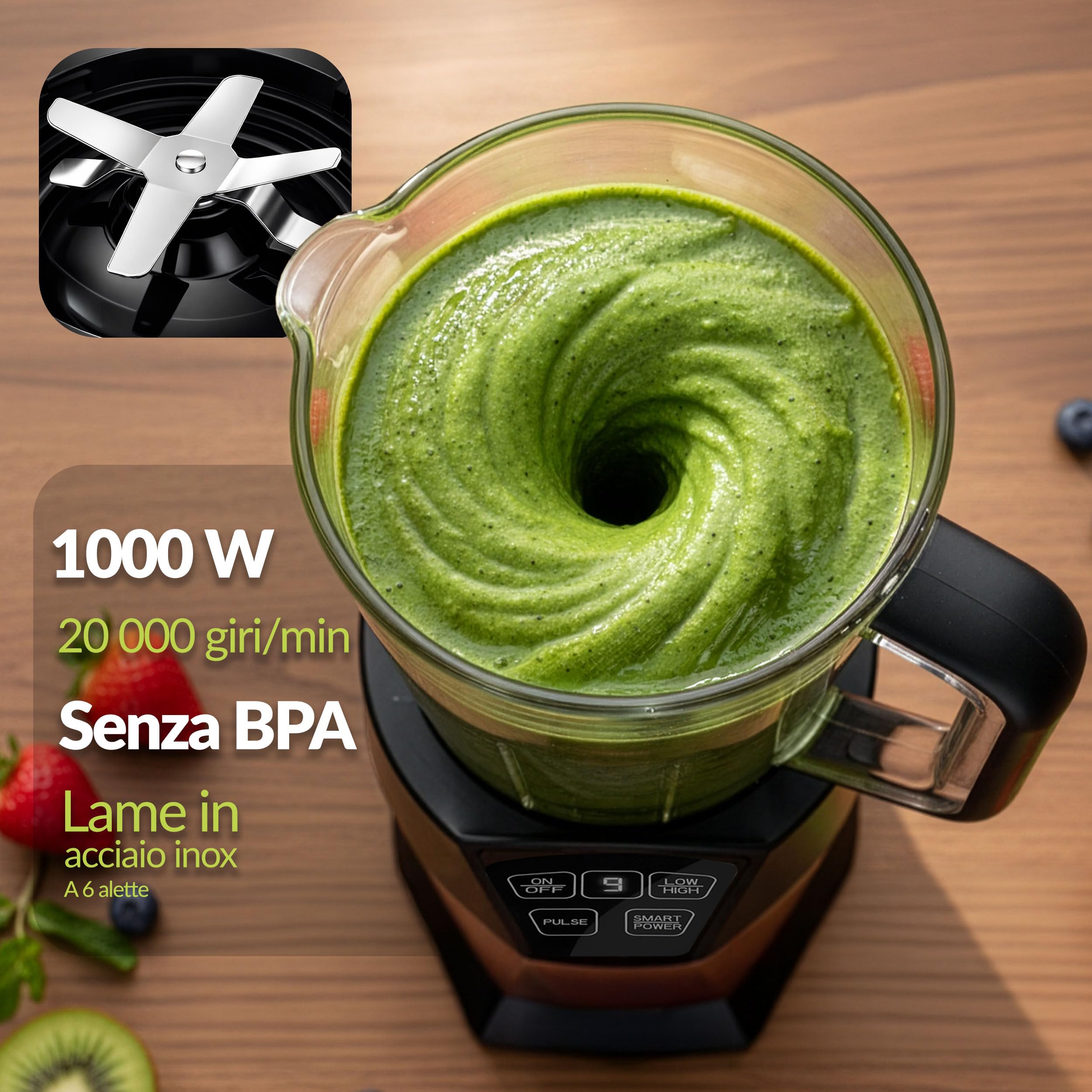 LEHMANN Frullatore Elettrico & Smoothie Maker 2-in-1, Caraffa 1500 ml e Bicchiere Portatile 800 ml, 4 Programmi, 6 Lame in Acciaio Inox, Parti Lavabili in Lavastoviglie, Potenza 1000 W, Oro Rosa