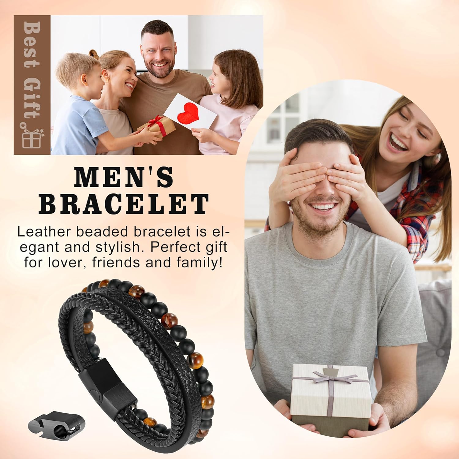 Gifts for Men - Mens Bracelet, Braided Leather Beaded Bracelets Mens Jewelry 6mm Tiger Eye Lava Rock Stone Handmade Bracelet With Adjustable Magnetic Clasp - Image 3