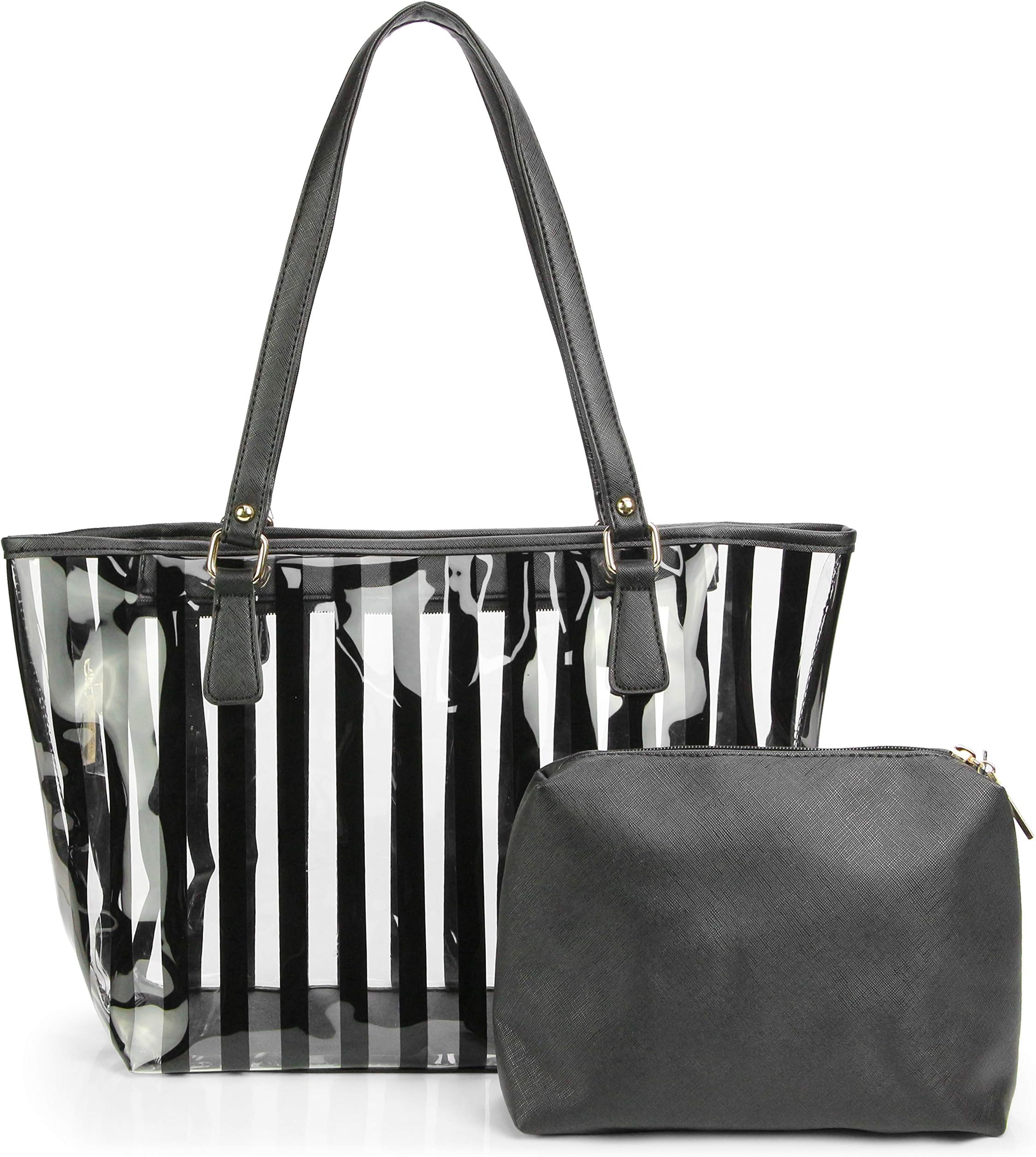 2 in 1 Semi Clear Purse Beach Tote Bags Large Work Shoulder Bag with Interior Pouch