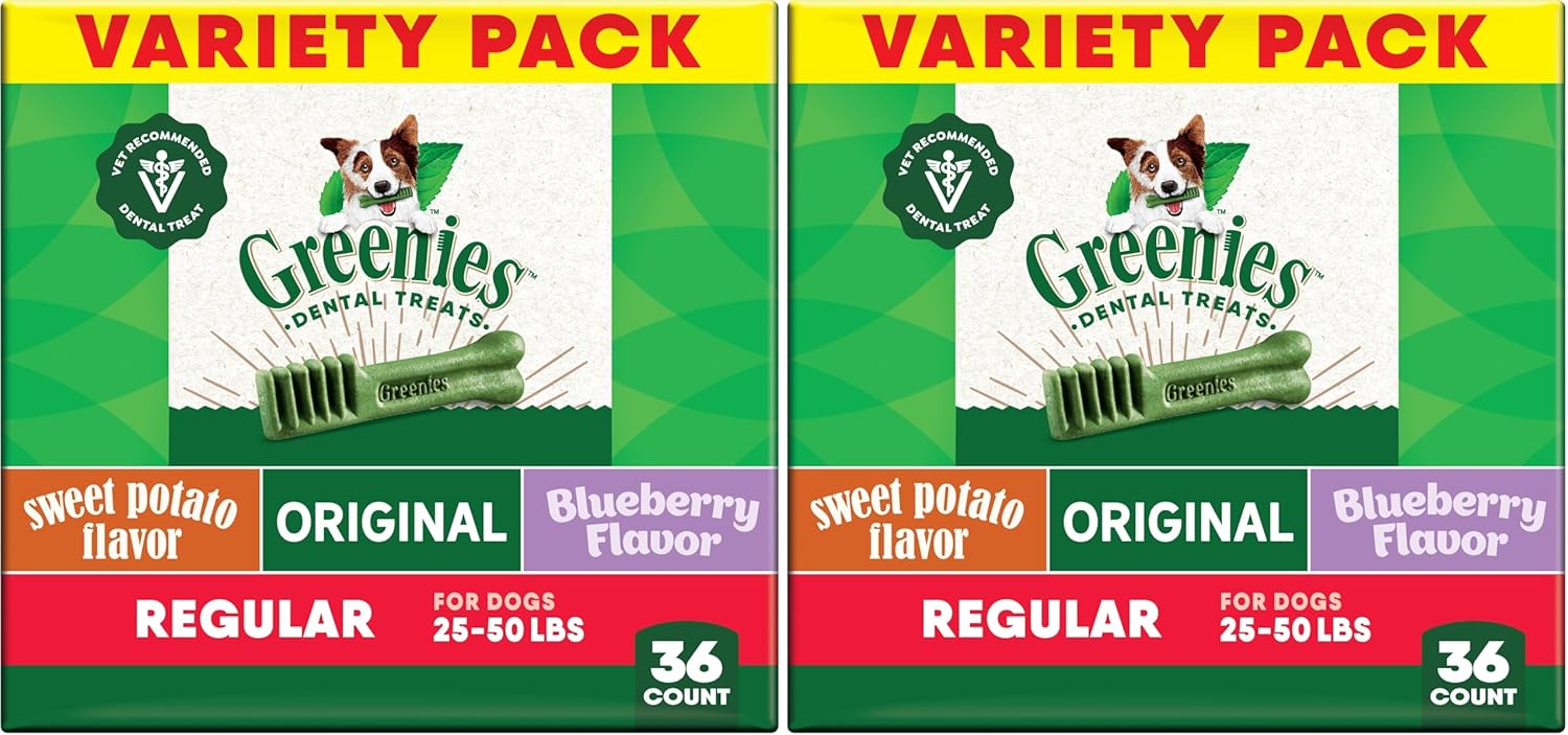 Greenies Veterinarian-Recommended Natural Dental Dog Treats, Dental Chews for Dogs, Regular Size, Variety, 12 oz, 36 Count (Pack of 2)