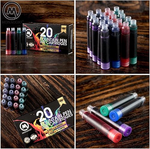 Miniatura 5 de MONAGGIO Cartuchos de tinta extra para la mayoría de las plumas estilográficas: 20 cartuchos de repuesto (5 rojos, 5 verdes, 5 azules, 5 púrpuras) -
