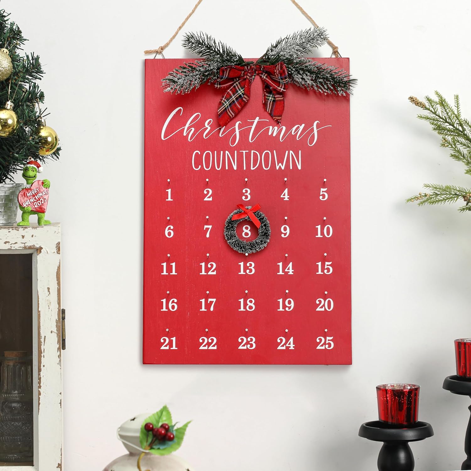 Christmas Countdown Calendar, Farmhouse Christmas Wreath Calendar, Vintage Advance Count Down to Christmas Sign, Xmas Wooden Hanging Decor for Wall Holiday (Brown)