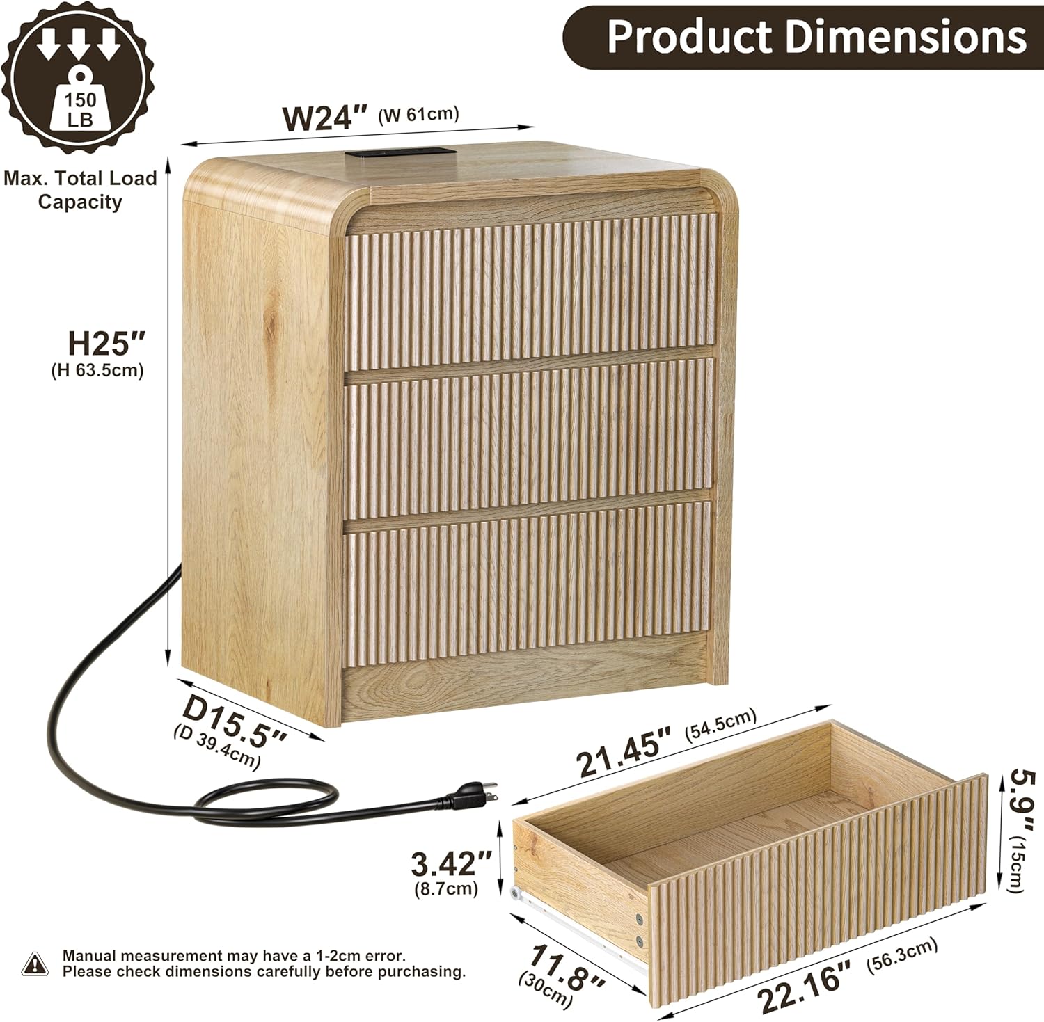 Modern Fluted Night Stand with Charging Station, 25" Tall Wood Nightstand Bedside Table with 3 Drawers & USB Ports, Mid-Century End Table for Bedroom (2, Nature Fluted, 3 Drawers)