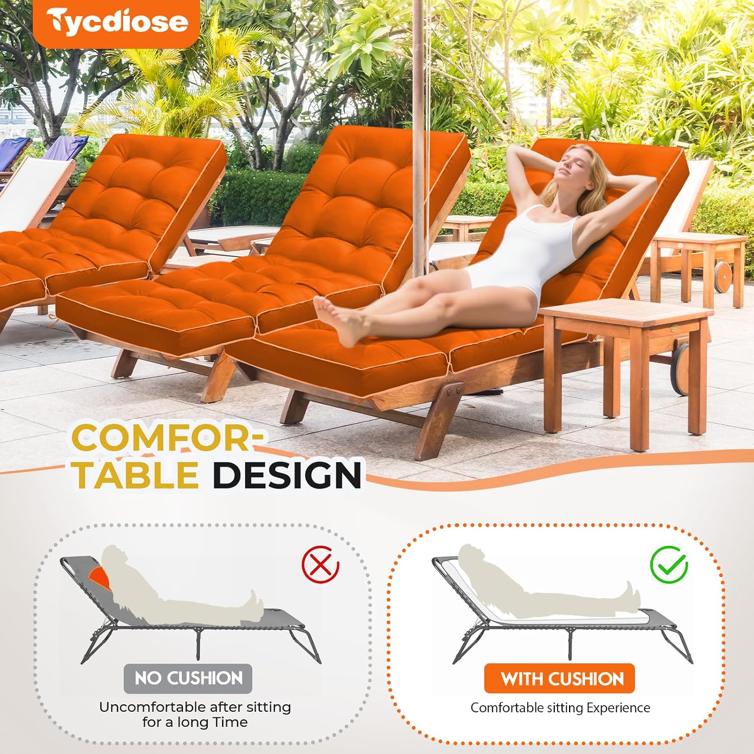 Outdoor Chaise Lounge Chair Cushion, Waterproof Non-Slip Patio Chaise Lounge Cushions for Outdoor Furniture, Thickened Patio Pool Lounger Chair Cushion, 76.4 x 22.8 x 4.7 Inches, Orange