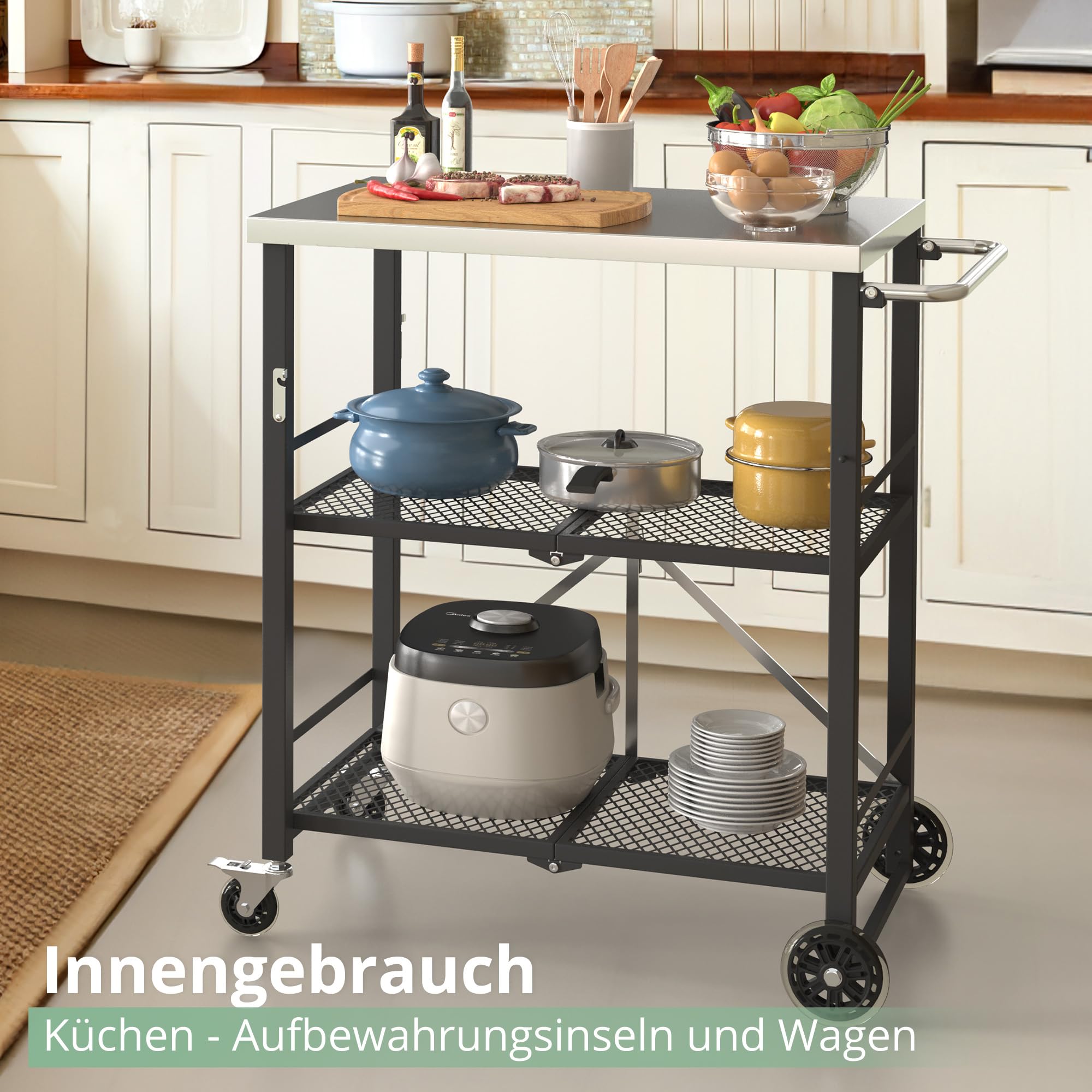 LUE BONA Grillwagen Zusammenklappbar mit Edelstahl-Tischplatte, Outdoorküche Beistelltisch auf Rädern