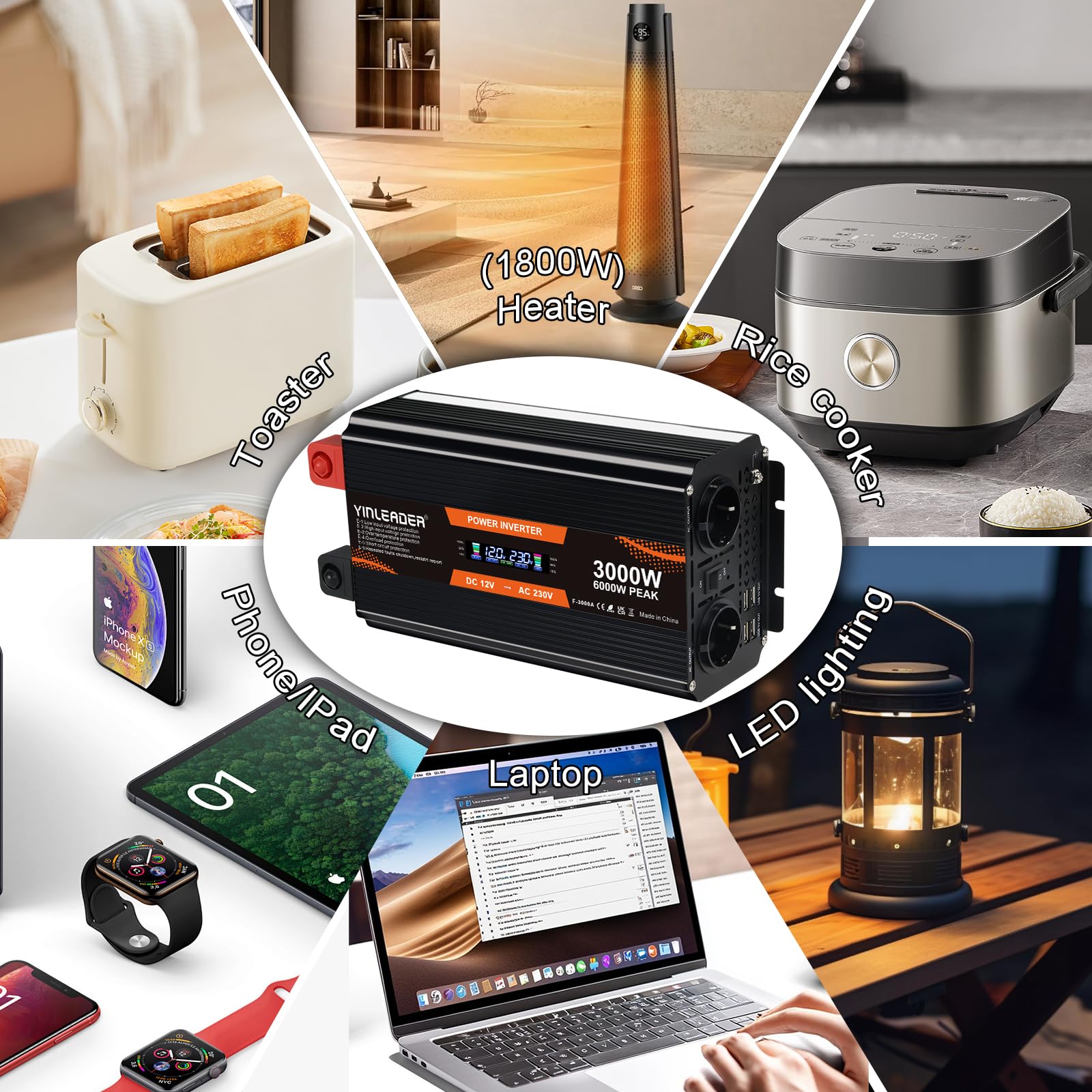 Yinleader 3000W /6000W Wechselrichter 12V auf 230V Spannungswandler mit LCD Display 2 EU Steckdosen 4 USB mit drahtloser Fernbedienung für Auto Camping Wohnmobil LKW Solaranlage