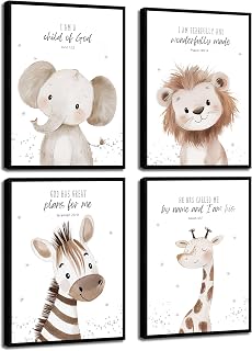 Framed Nursery Bible Verse Animal Canvas Wall Art Funny Cute Safari Animals Christian Painting Wall Decor Lions Elephant Giraffe Zebra Poster Print Artwork for Boys and Girls Home Decoration