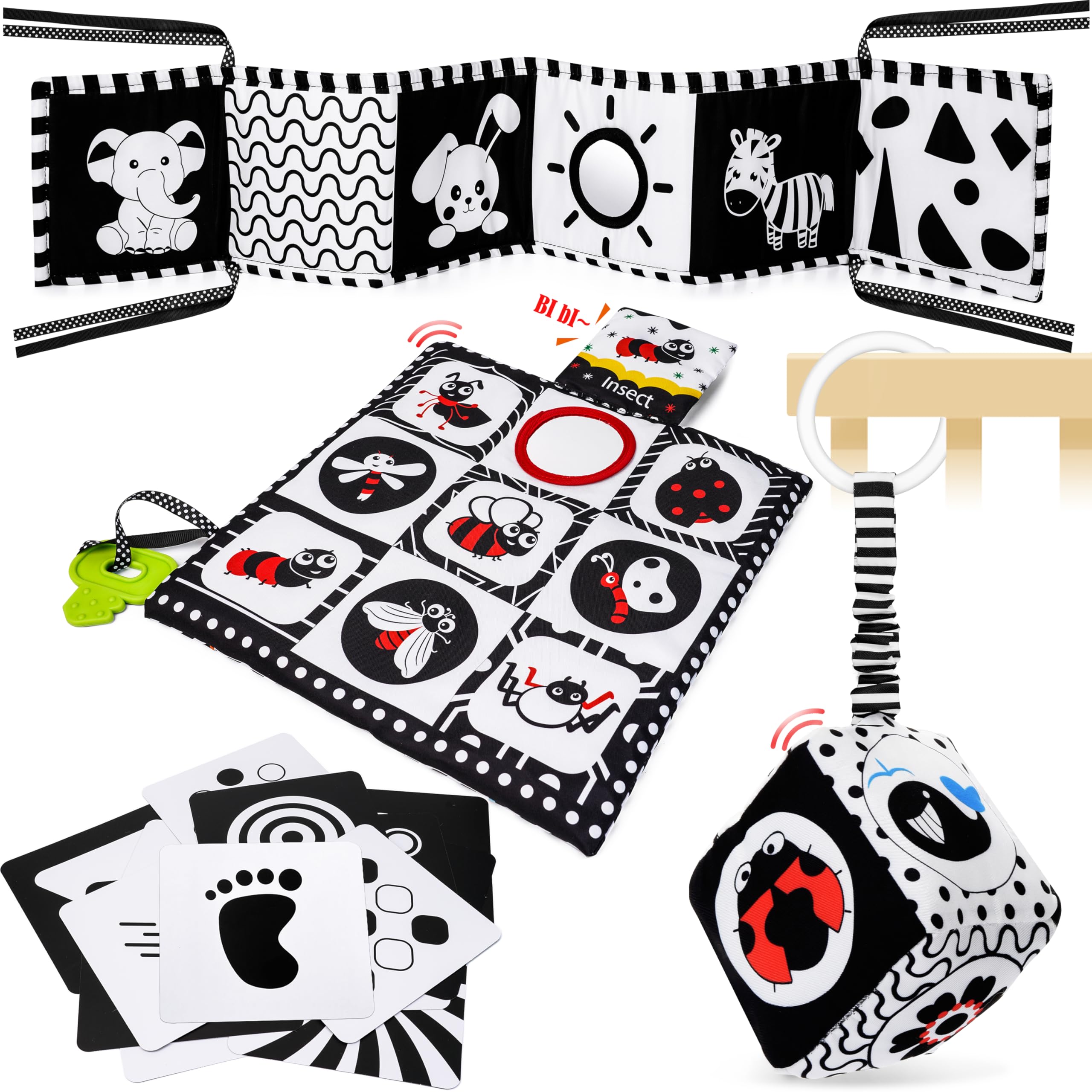 Set De Juguetes Sensoriales HappyKidsClub – Libro De Tela Doble Cara, 20 Tarjetas Blanco Y Negro, Sonajeros De Muñeca Y Pie Para Bebés De 0 A 12 Meses, Estimulación Visual Y Auditiva