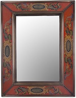 NOVICA Artisan Handmade Reverse Painted Glass Wall Mirror Floral Scarlet from Peru Red Wood Decor Mirrors [Frame 25.5in H x 19.75in W x 3.1in D Mirror 10.75in W x 16.75in H] ' Floral Medallions in