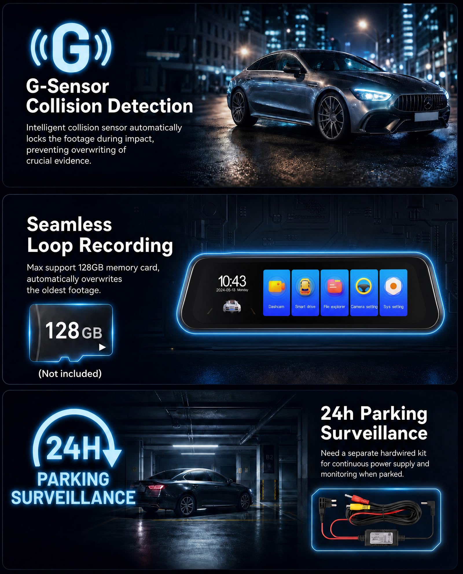 SIXWIN 4K Dashcam Espejo Retrovisor 9,66″ Pantalla Táctil con WiFi y App – Cámara Dual 4K+1080P, GPS, BSD/ADAS, Visión Nocturna, Grabación Cíclica, Sensor G, Asistente de Aparcamiento, Vigilancia 24h