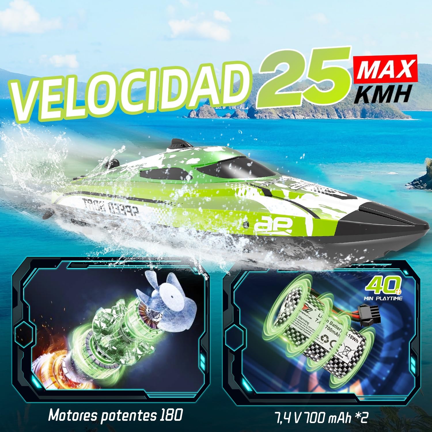 Barco teledirigido a partir de 6 8 años, 25 km/h, barco teledirigido con luz LED, 2,4 GHz ajustable, 2 baterías para 40 minutos de tiempo de reproducción, lancha rápida teledirigida para adultos y