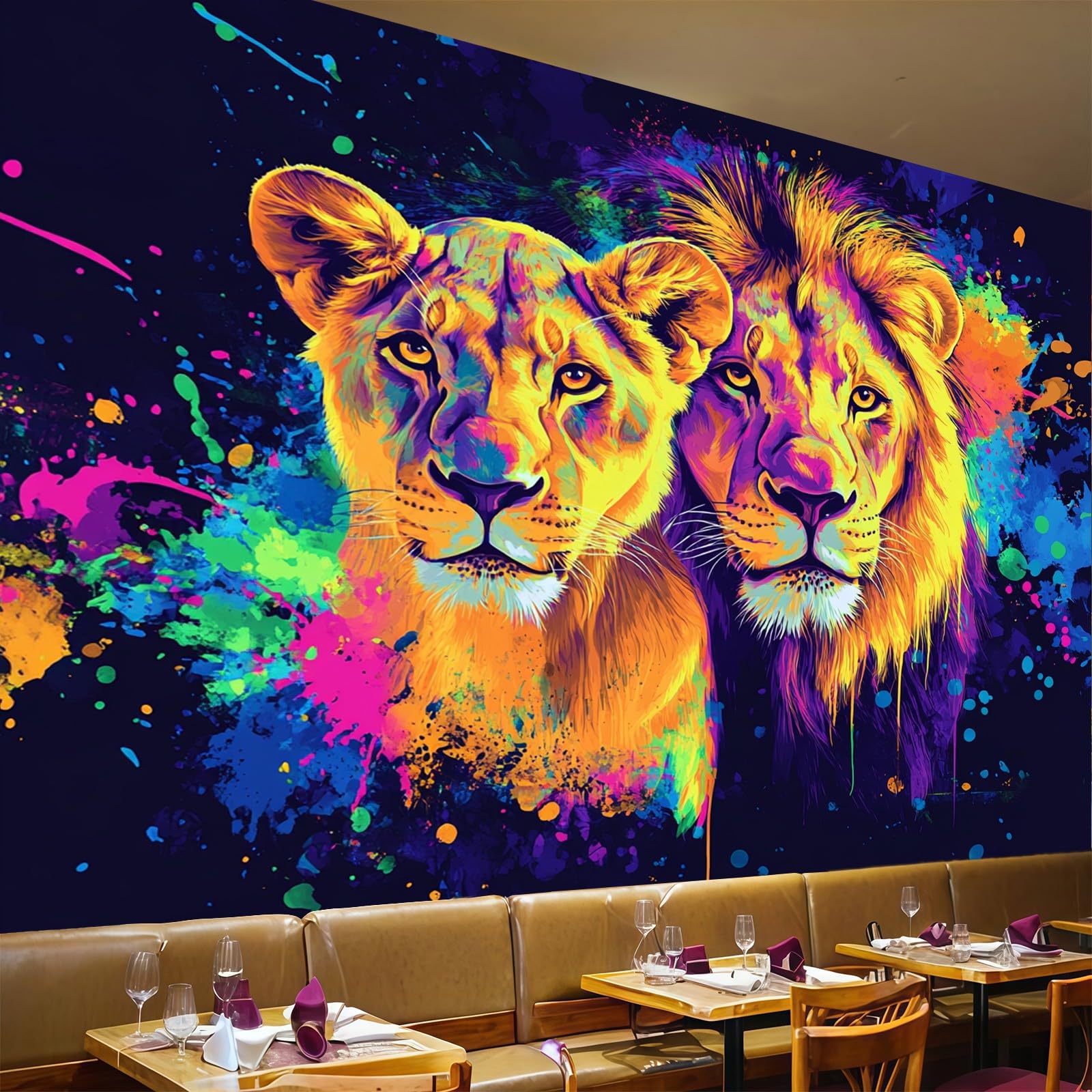 Papier peint panoramique 3D lion aquarelle 450 x 315 cm poster mural