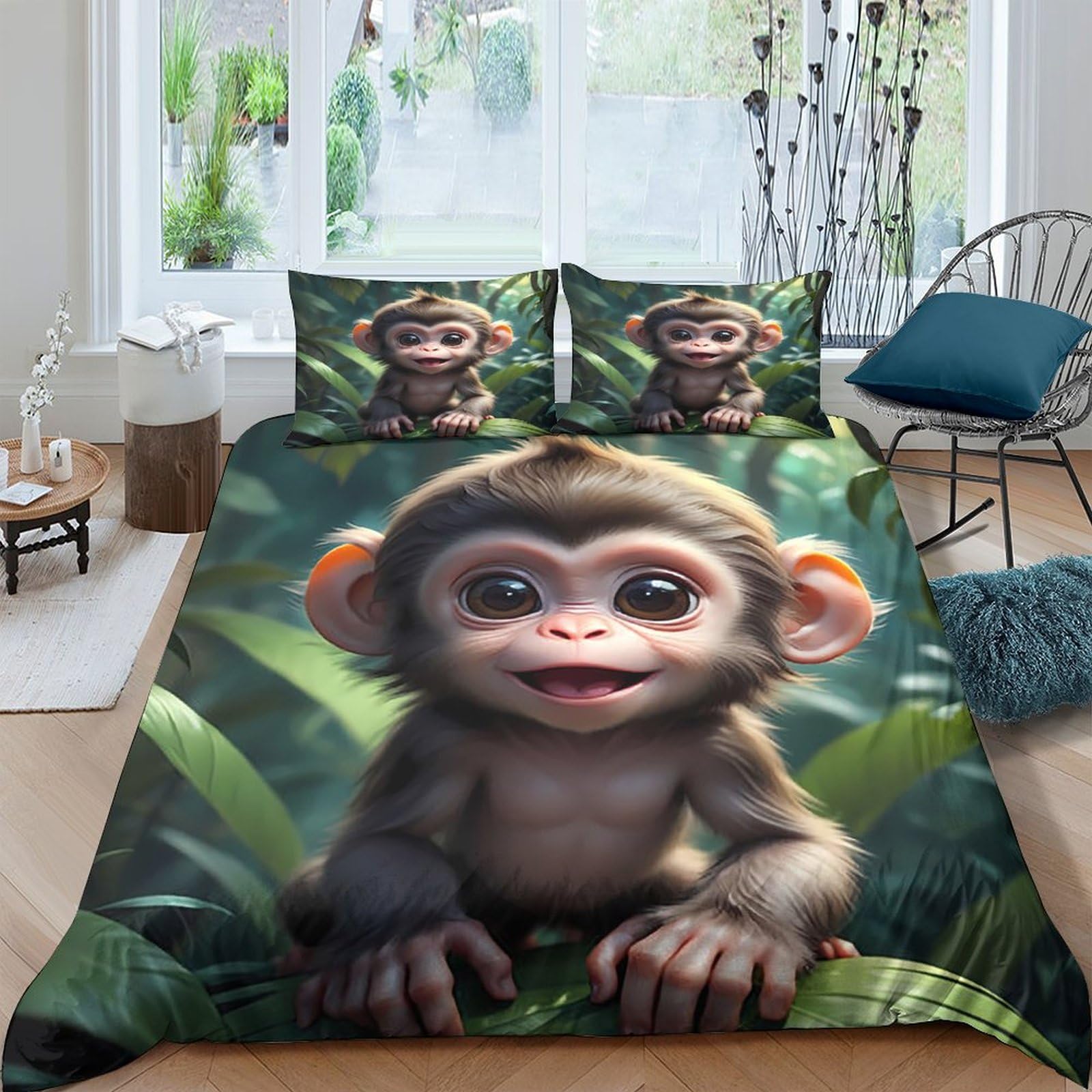 Ctjqhvkz Style-2 3D Printed Cute Baby Monkey Fitted Sheet Microfiber Soft Jungle Leaves Bed Cover For Bedroom Dorm Mattress Protection Single（135X200cm）