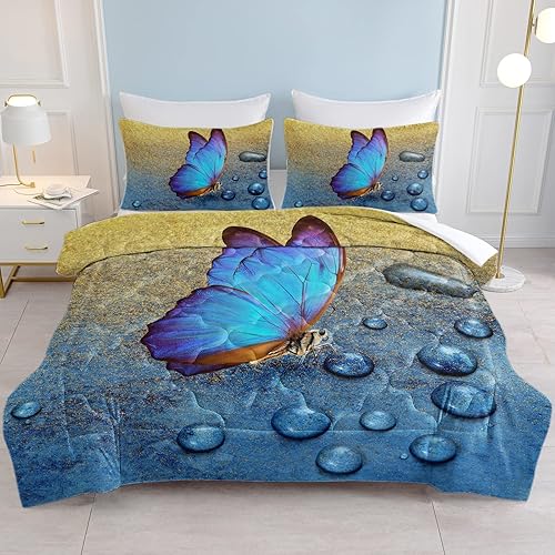 SOULZZZ Juego de edredĂłn de mariposa azul, tamaño matrimonial, diseño de mariposa azul dorado con diseño de mariposa azul rocĂo, juego de ropa de SOULZZZ Juego de edredĂłn de mariposa azul, tamaño matrimonial, diseño de mariposa azul dorado con diseño de mariposa azul rocĂo, juego de ropa de