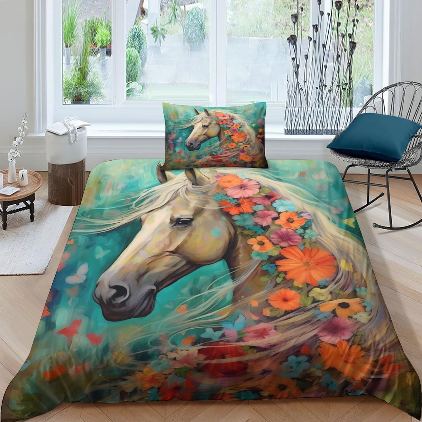 Housse de couette chevaux 3D pour chambre d'enfant parure de lit nature avec zip 135x200