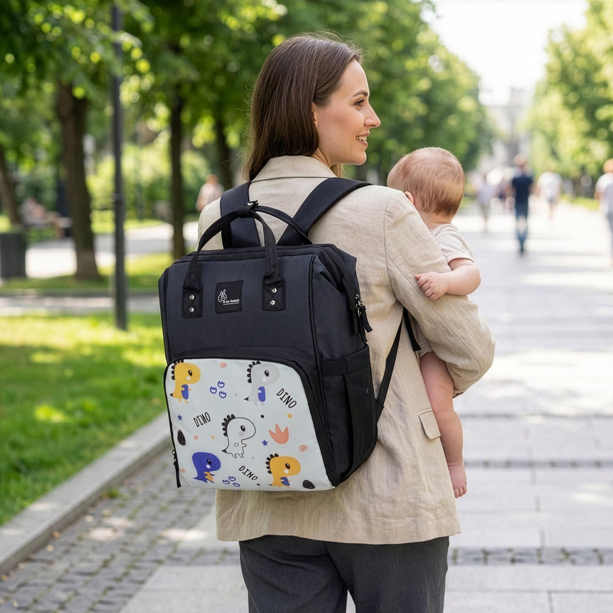 R for Rabbit Caramello Dino Diaper Bag for Mother, Multipurpose Stylish Diaper Bag with 11 Pockets, Water Resistant, 3 Insulated Front Pockets (Grey)