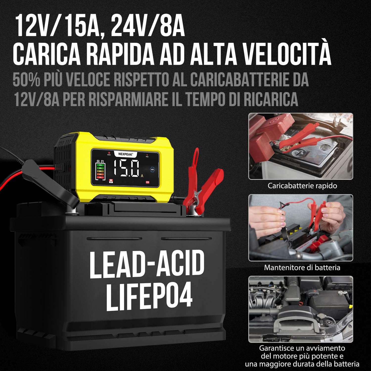 15A Caricabatterie per Auto, NEXPEAK 12V 15A/24V 8A Caricabatterie Intelligente con Compensazione Della Temperatura per Auto, AGM, Gel, Wet, SLA per Batterie Piombo-acido e LiFePO4
