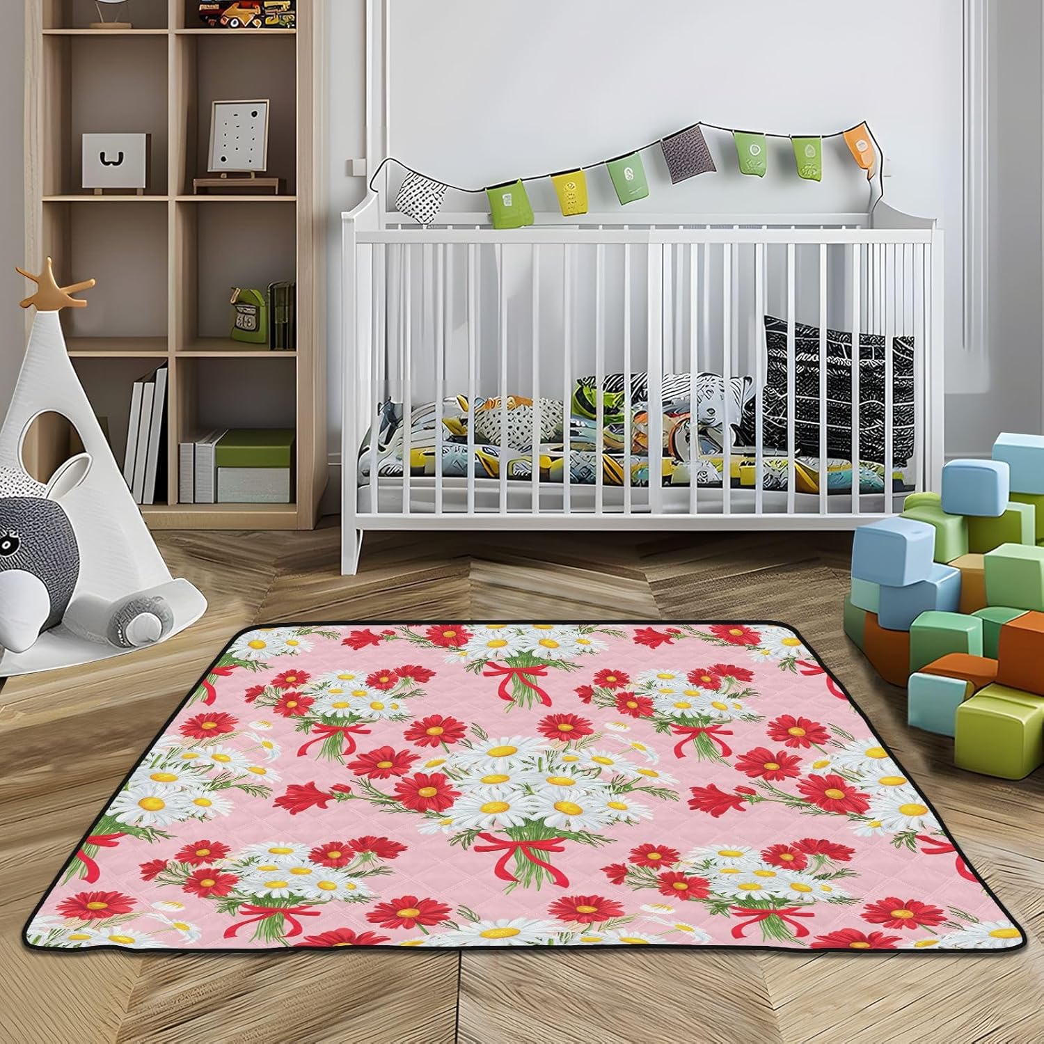 Doodle Daisy Bouquet Baby Play Mat, 50“ X 50” Washable Folding Crawling Mat, Baby Floor Mat, Soft, Thick, Non-Slip