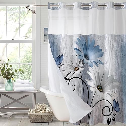 Muuyi Cortina de ducha floral de acuarela azul, cortina de ducha sin gancho, cortinas de ducha de poliéster con tela a presión, ventana superior