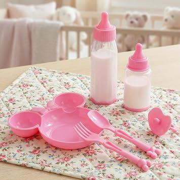 BiBi Doll 6 Pc Baby Doll Feeding Set with 2 Magic Milk Bottles, Pink Plate, Dummy & Utensils - Pretend Play Toy Accessories & Playset for Kids, Boys & Girls, Ages 3+