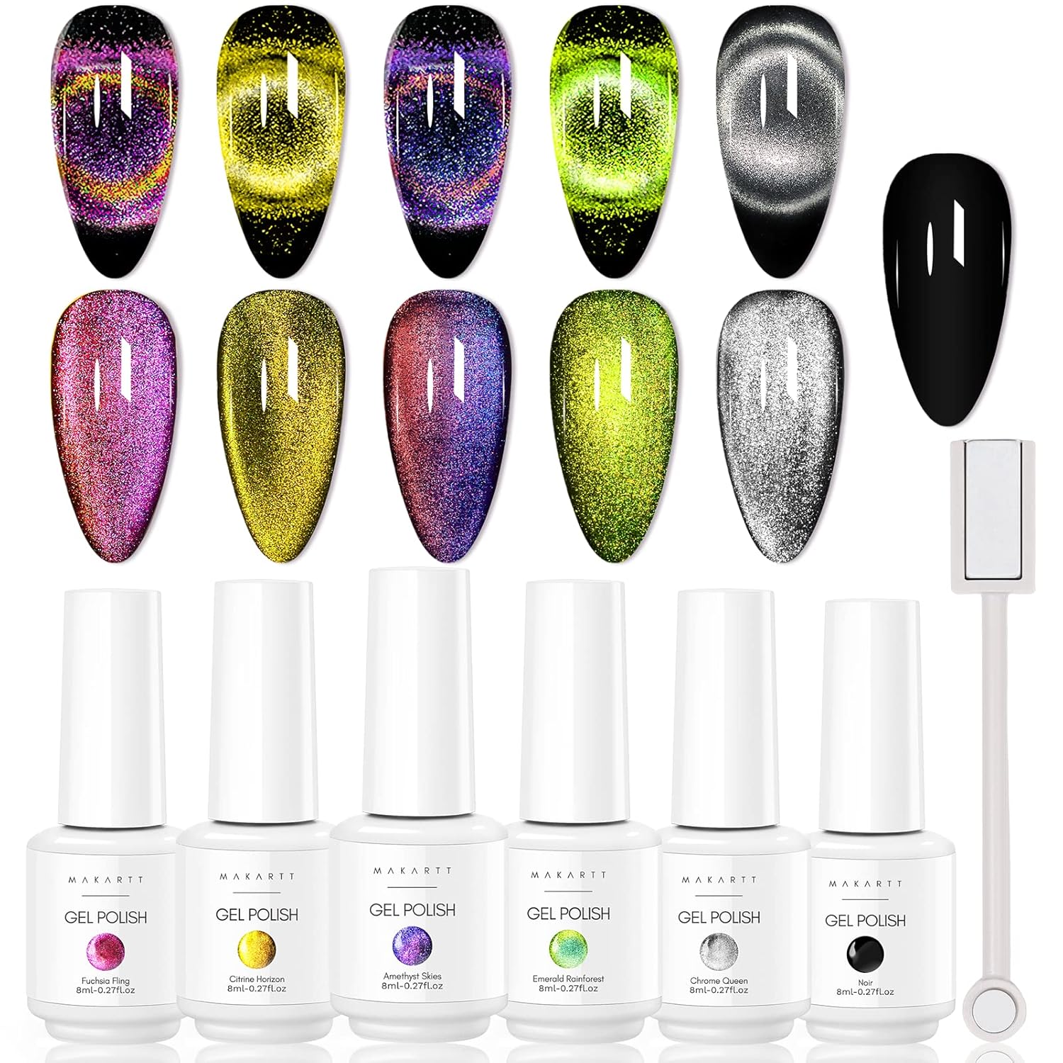 Makartt Gel Nail Polish Magnetic Cat Eye 9D Black Hole Gel Nail Polish Bundle Builder Nail Gel 15ml 5 in 1 Multifunctional Clear Gel Nail Polish