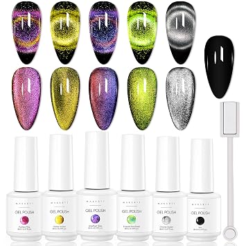 Makartt 9D Magnetic Cat Eye Gel Nail Polish Set, 6 Colors Yellow, Purple, Silver, Rose Red, Green, Black Hole Effect with Magnet Stick, 8ml Soak Off DIY Manicure & Nail Art Supplies