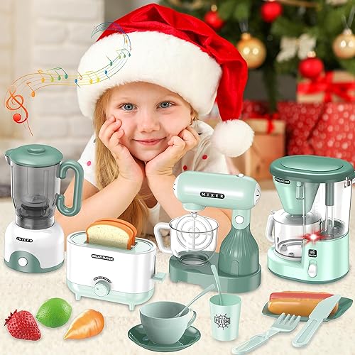 Miniatura 6 de Accesorios de cocina para niños, juego de electrodomésticos de cocina con cafetera, tostadora, licuadora, mezclador, juguetes de cocina con luz y