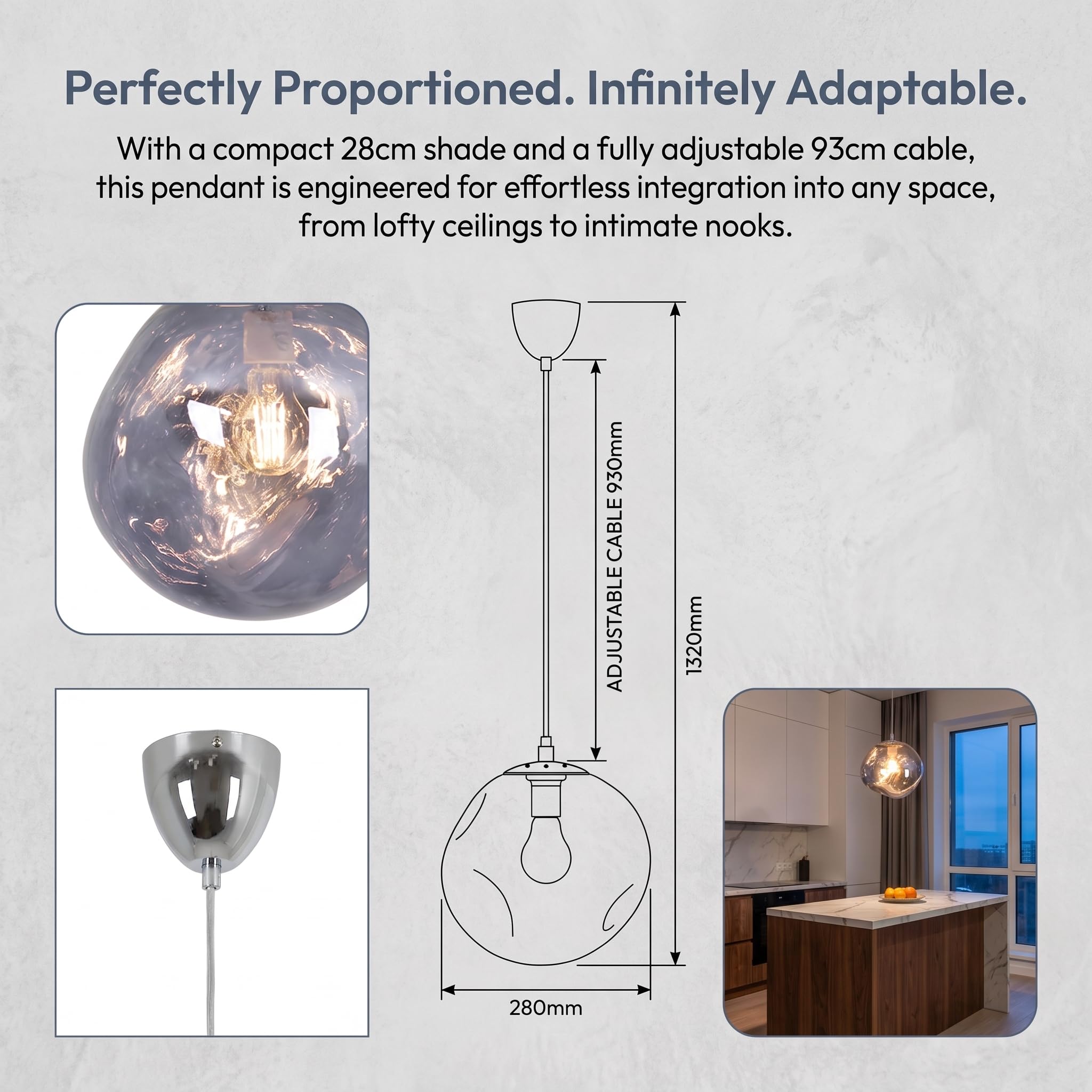 BARCELONA LED Pendelleuchte Violett Aus Glas Ø28cm E27 | Kunstglas und Metall, höhenverstellbares Kabel, 132 cm Gesamthöhe, bis 40 W, für Innenräume