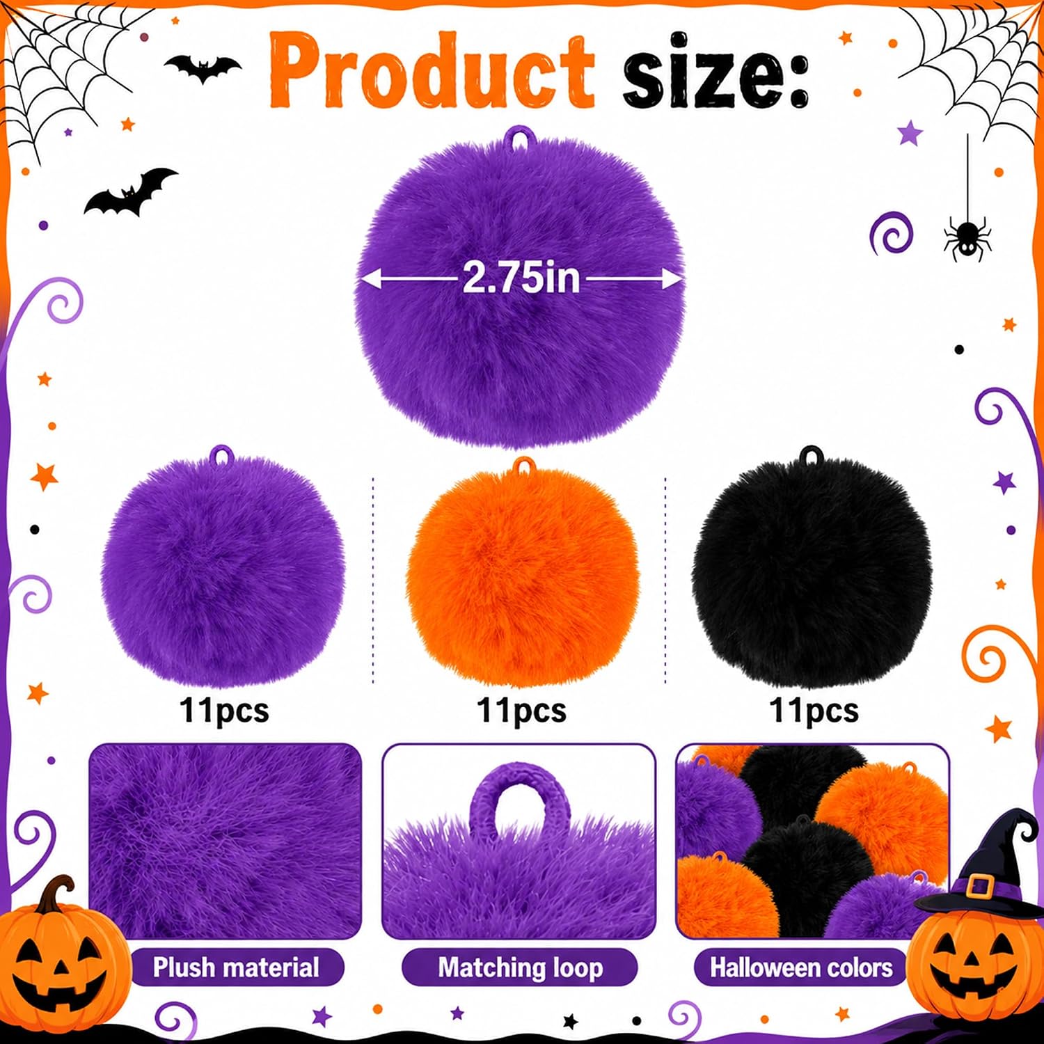 33Pcs Large Halloween Yarn Pom Pom Balls, 2.7" Fuzzy Fluffy Pompom Balls
