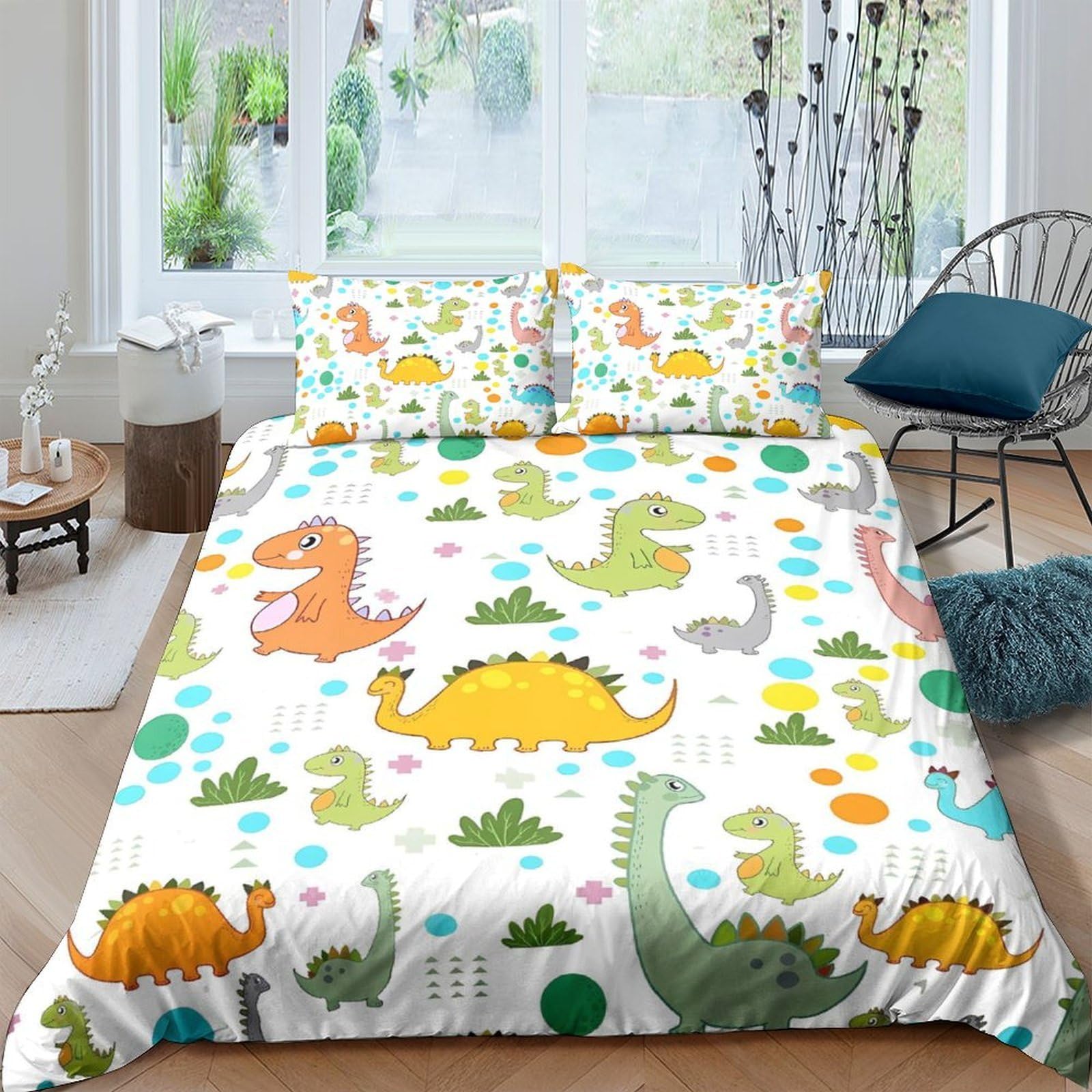 GPLZQXKJNH 3D Printed Dinosaur Theme Duvet Cover Microfiber Soft Breathable Cartoon Animal Bedding Set with 2 Pillowcases for Bedroom Decor, Single（135x200cm）