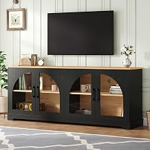 Merax 66.9 Inch Glass Doors Buffet Cabinet with Storage, Symmetrical Arc Accent Sideboard Large Console Table for Dining Room, Kitchen, and Living Room,Black