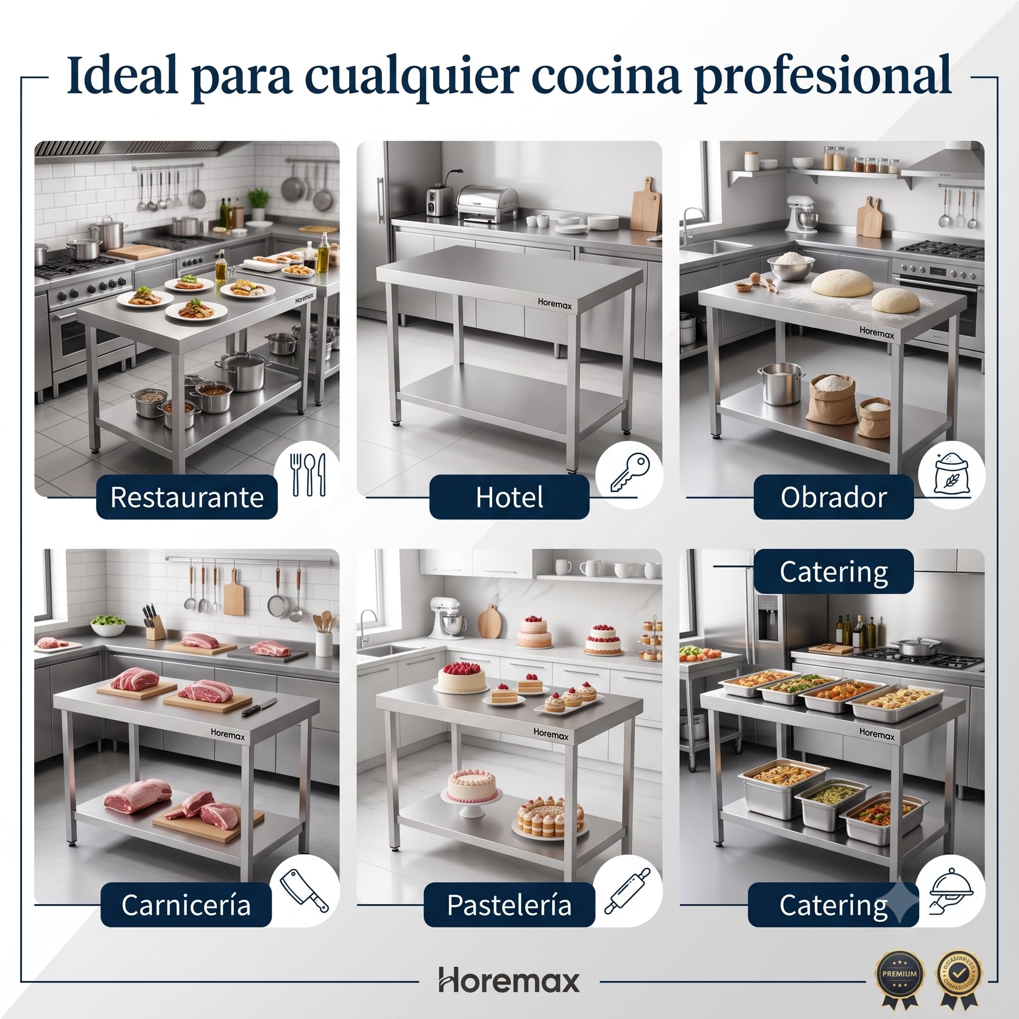 Mesa de Trabajo Central para Cocina Profesional, Acero Inoxidable AISI 304, Estante Inferior y Patas Regulables, 150 x 70 x 85 cm