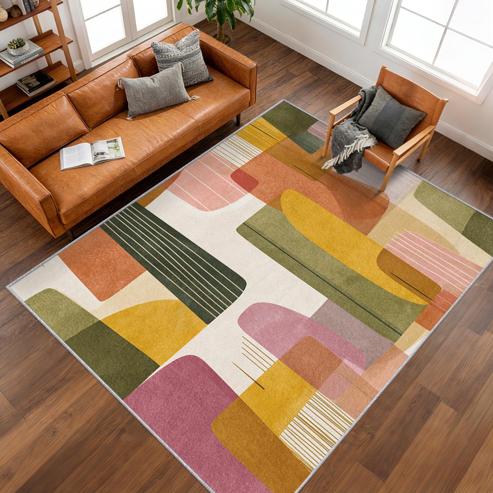 Générique Tapis Milieu du Siècle, Grand Tapis Salon 140x200 Géométrie Abstrait Carpette Chambre, Flanelle Poil Ras Moelleux - Antidérapa Lavable en Machine H2
