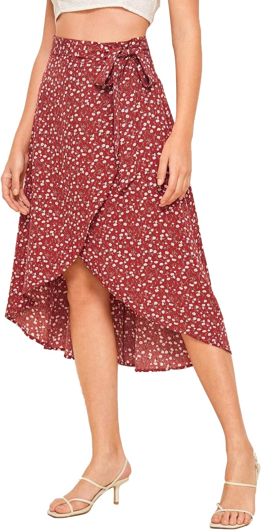 SheIn Women's Floral Flowy Midi Skirts Wrap Ruffle High Waisted Slit Beach Skirt Red Large