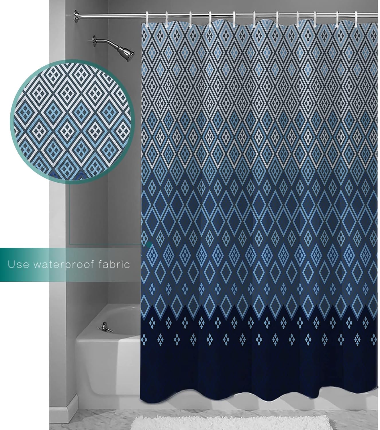 Double Love Gradient Blue Bathroom Curtain 72 Inch Shower Curtain with 12 Hooks, Geometric Diamond Lattices Modern Abstract Waterproof Polyester Bath Curtain Washable Bathtub Curtain 66''x 72''