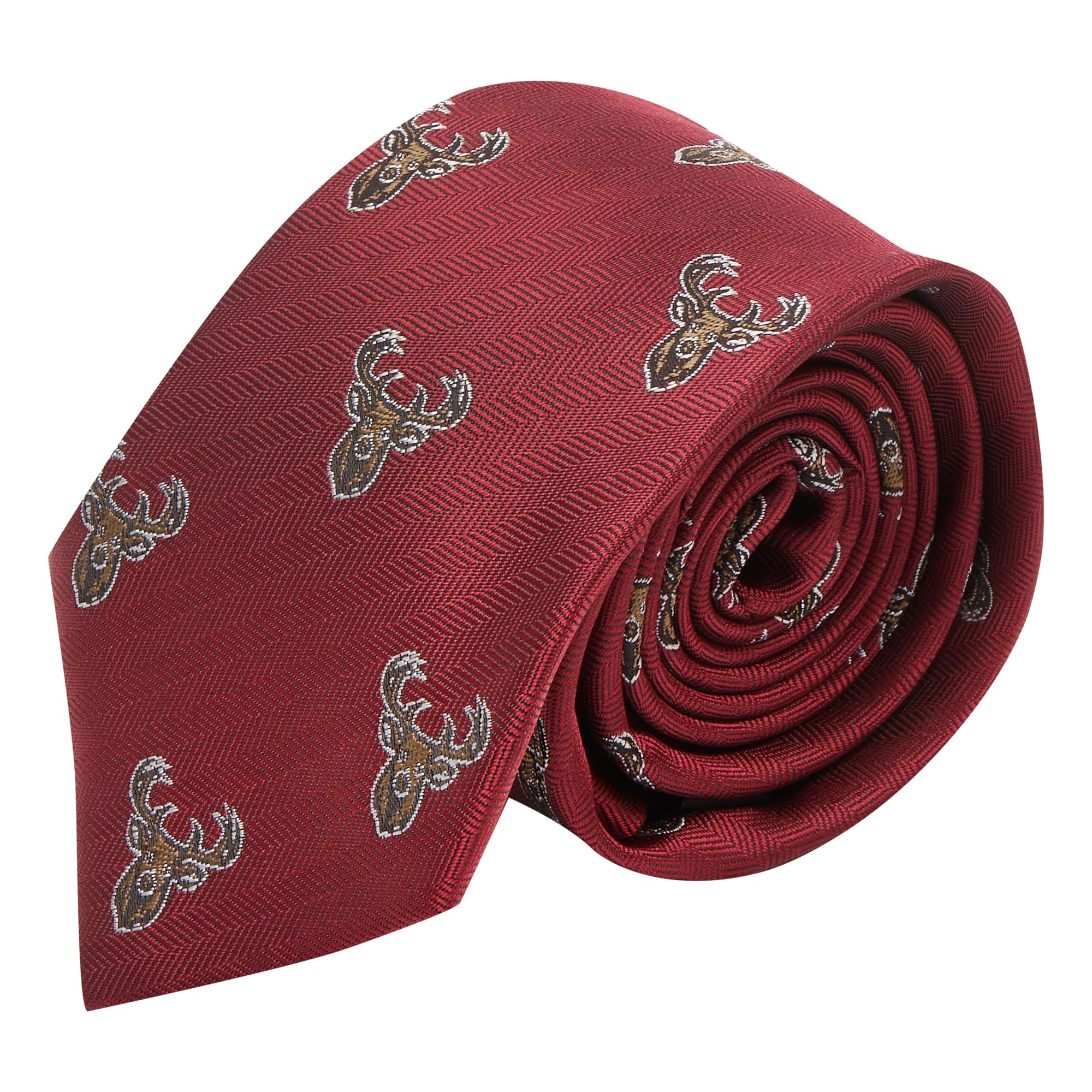 King & Priory Burgundy Red Herringbone Embroidered Stag Head Tie