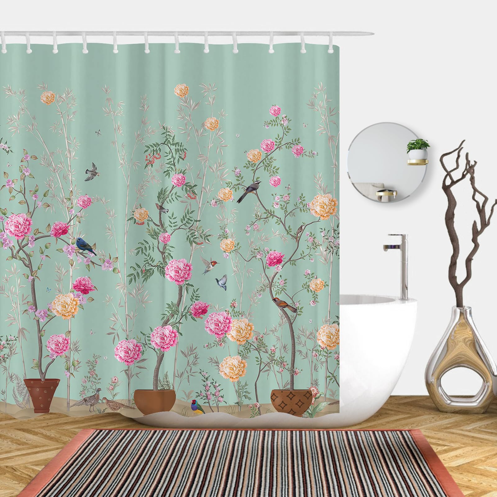 Simpomsy Floral Shower Curtain, Waterproof Bird Flower Bathroom Curtains, Mould Proof Resistant Wet Room Shower Curtains - Image 3