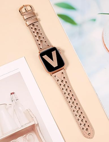 Miniatura 2 de Wearlizer Correa de cuero compatible con Apple Watch Band de 414038444546491.654 in para mujeres y hombres, correa trenzada ahuecada y elegante para