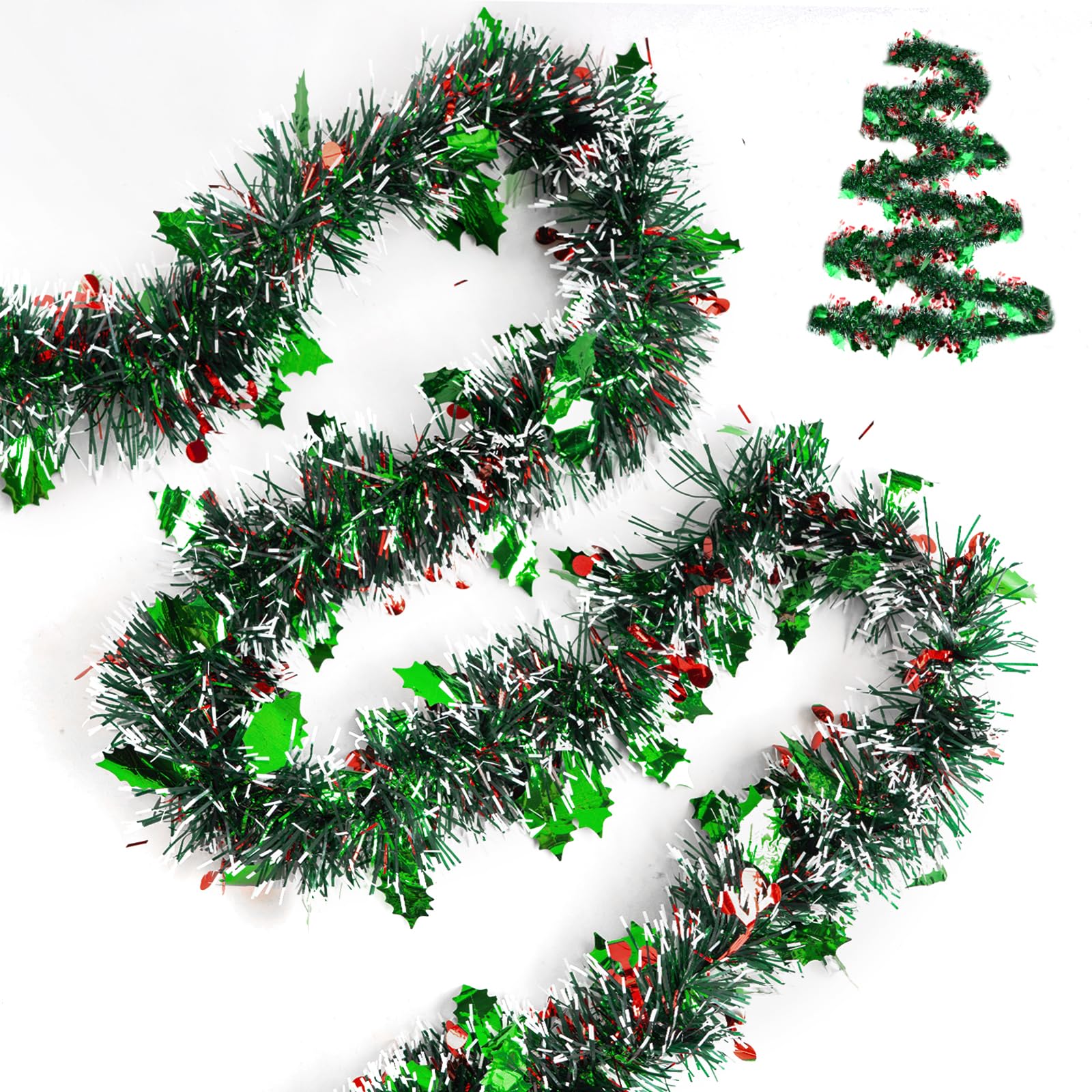G2PLUS Green Christmas Tinsel Garland: 10m x 9cm Metallic Glittery Fluffy Hanging Decorations for Christmas Trees, Wardrobes, Doors, Ceilings, Railings and Wreath Making
