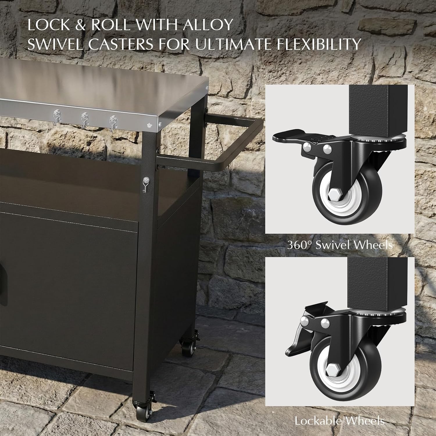 Belord Outdoor Grill Table with Storage Cabinet, Outdoor Grill Cart with Wheels, Movable BBQ Cart Prep Station Kitchen with Stainless Steel Top and Removable Side Basket for Poolside Backyard Black