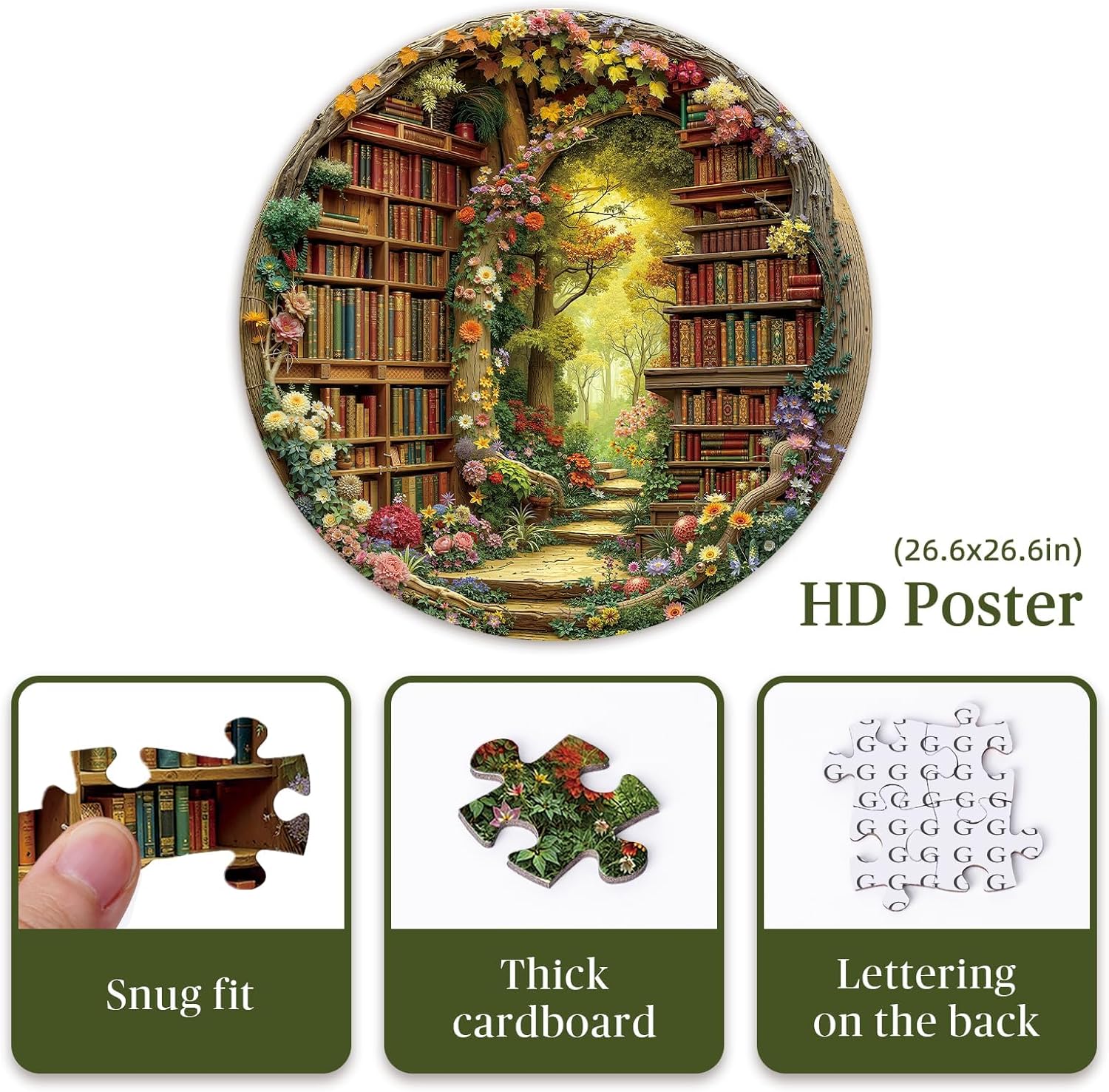 Round Jigsaw Puzzle 1000 Pieces - Enchanted Forest Library Design - 26.6" Circular Challenge, Book Lovers Aesthetic Decor, Mindful Activity Gift for Adults & Teens
