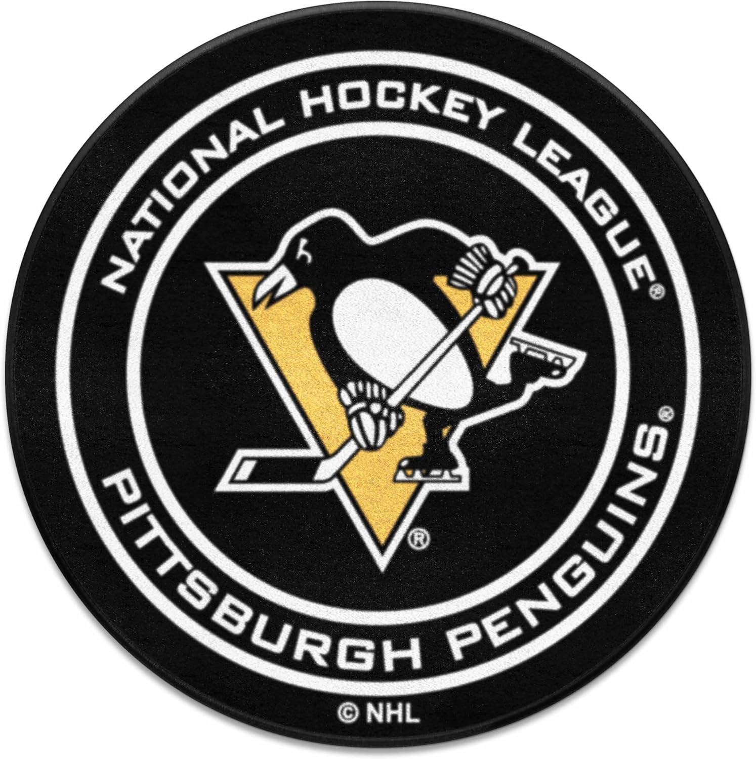 FANMATS 10273 Pittsburgh Penguins Hockey Puck Shaped Rug - 27in. Diameter, Hockey Puck Design, Sports Fan Accent Rug - Black