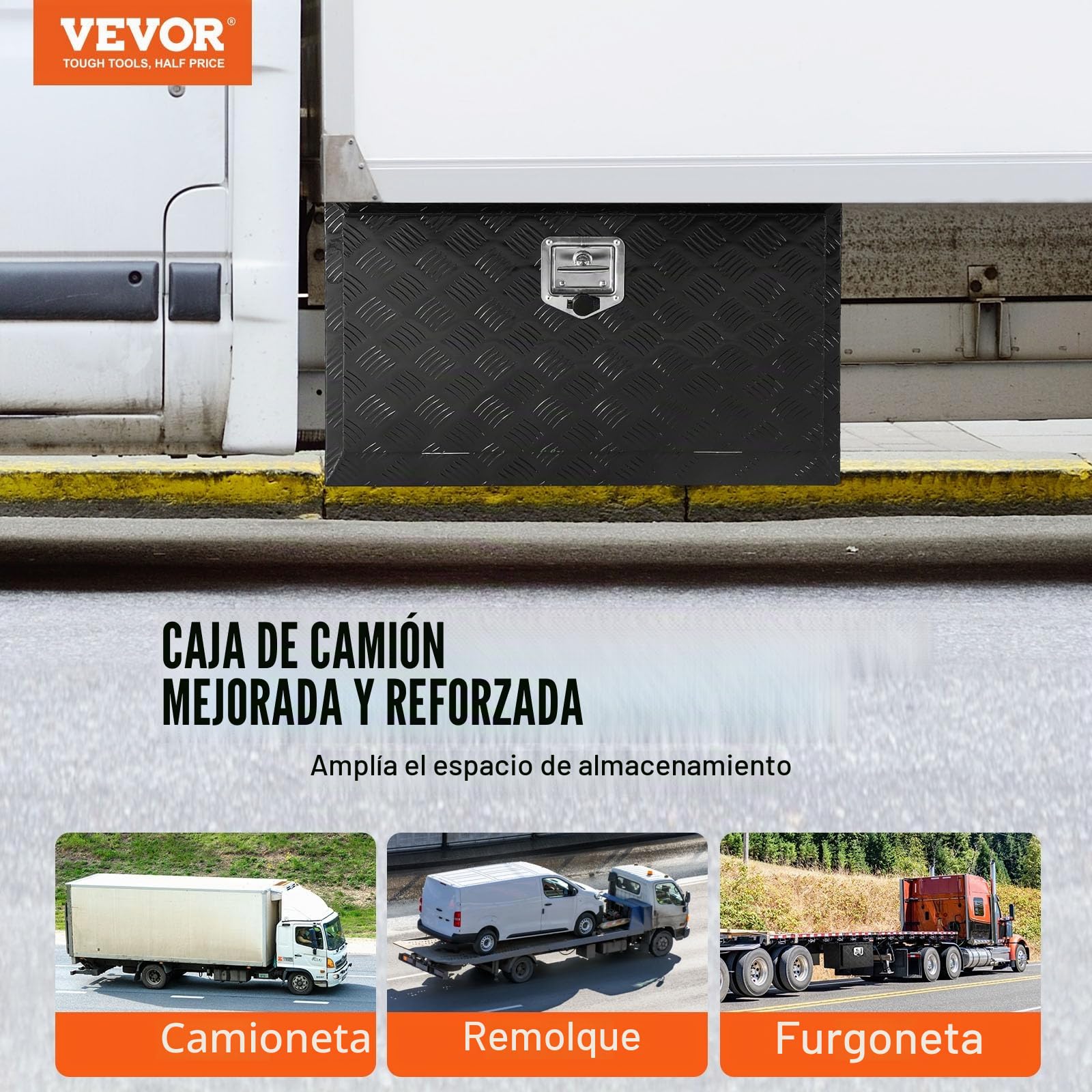 VEVOR Caja de Herramientas para Camión 760 x 355 x 405 mm Caja de Bastidor Inferior Caja de Almacenamiento de Aleación de Aluminio Montaje Inferior con Cerradura y Llaves para Remolques, Negro