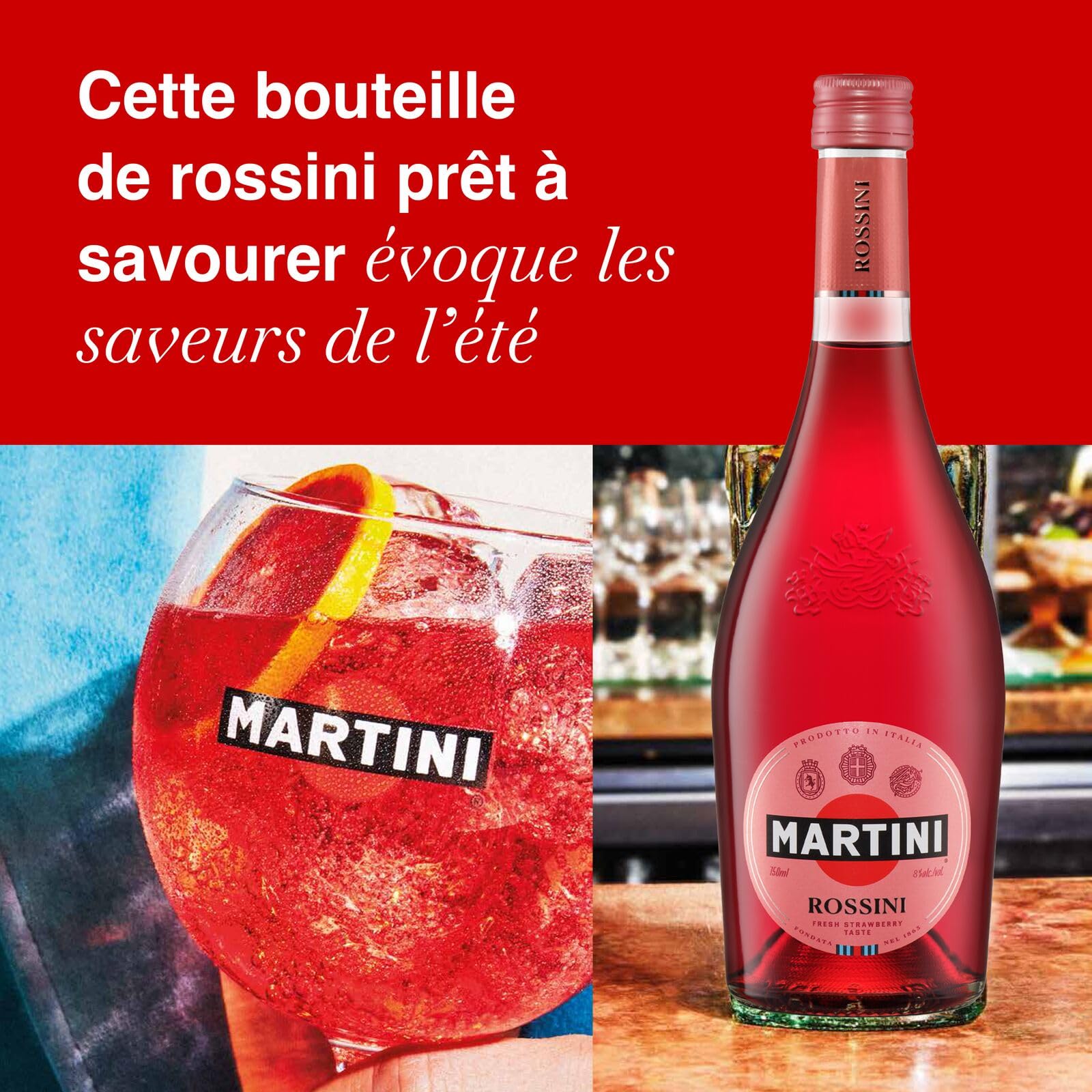 MARTINI Rossini Vin pétillant, Cocktail prêt à servir, Vin pétillant, 8% vol., 75cl / 750ml (Lot de 5)