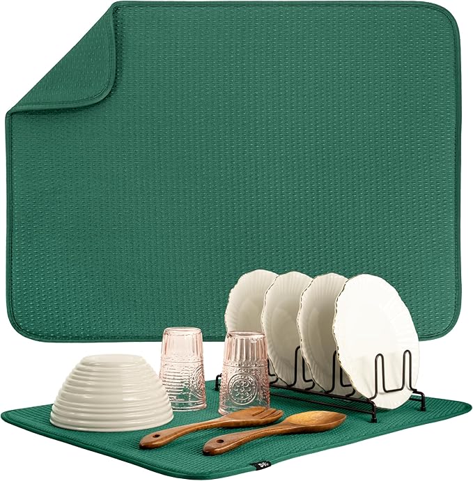 S&T INC. Dish Drying Mat XL, 18” x 24”, Absorbent Microfiber Kitchen Counter Mat, Drying Pad for Dishes, Utensils, Pots and Pans, Extra Large, Diamond Texture, Emerald Green