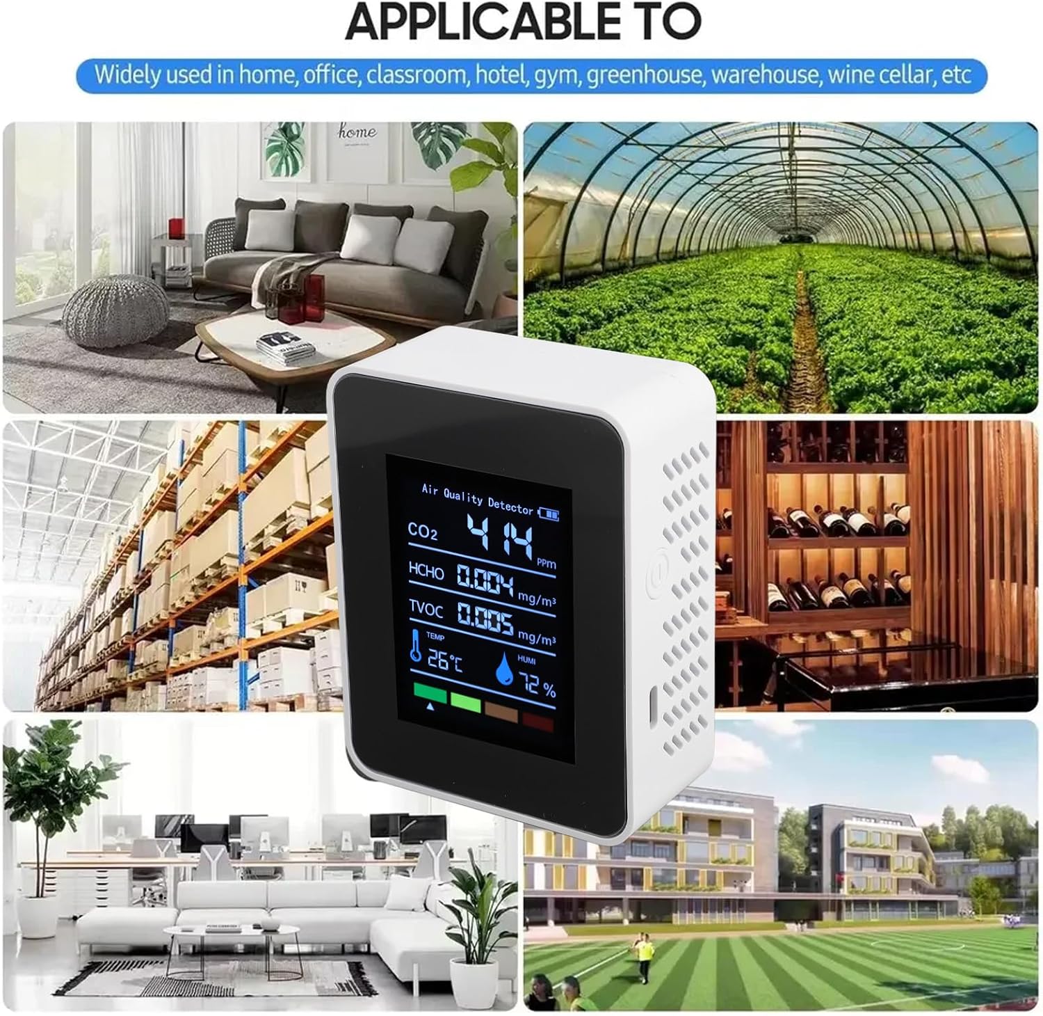 Collage of images showing the PUSOKEI Air Quality Monitor in various settings like a living room, greenhouse, warehouse, and office.