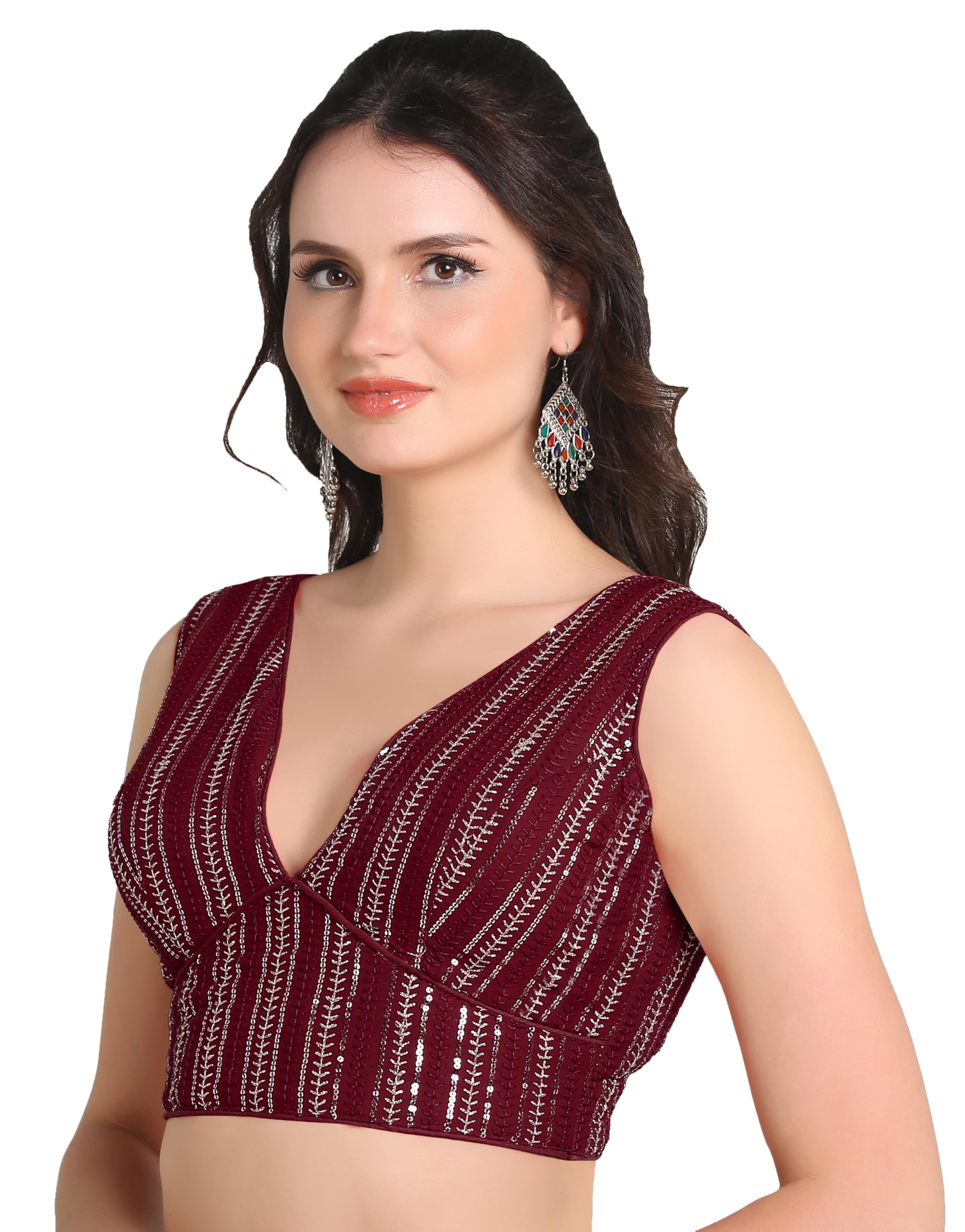 Pujia Mills Women's Indian Ethnic Wear Sabyasachi Sequence With Dhaga Embroidered Zari Work Sweetheart Neck Blouse Sleeveless Readymade Padded Saree Back Open String Pattern Blouse