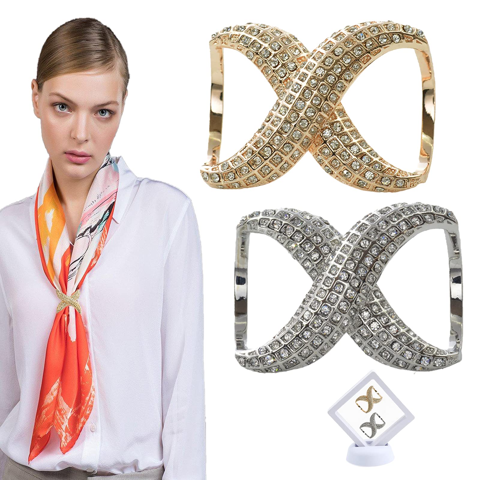 Wuli Peach 2PCS Scarf Buckle, Women's Elegant Eight X Shape Large Scarf Buckle Ring Ladies Scarves Scarf Rings and Slides, Scarf Clips Scarves Buckle Holder for T-Shirt Neckerchief Shawl Thin Silk Scarves Waist Buckle Girls Ladies Women Jewelry Gift Box (Gold+Sliver)