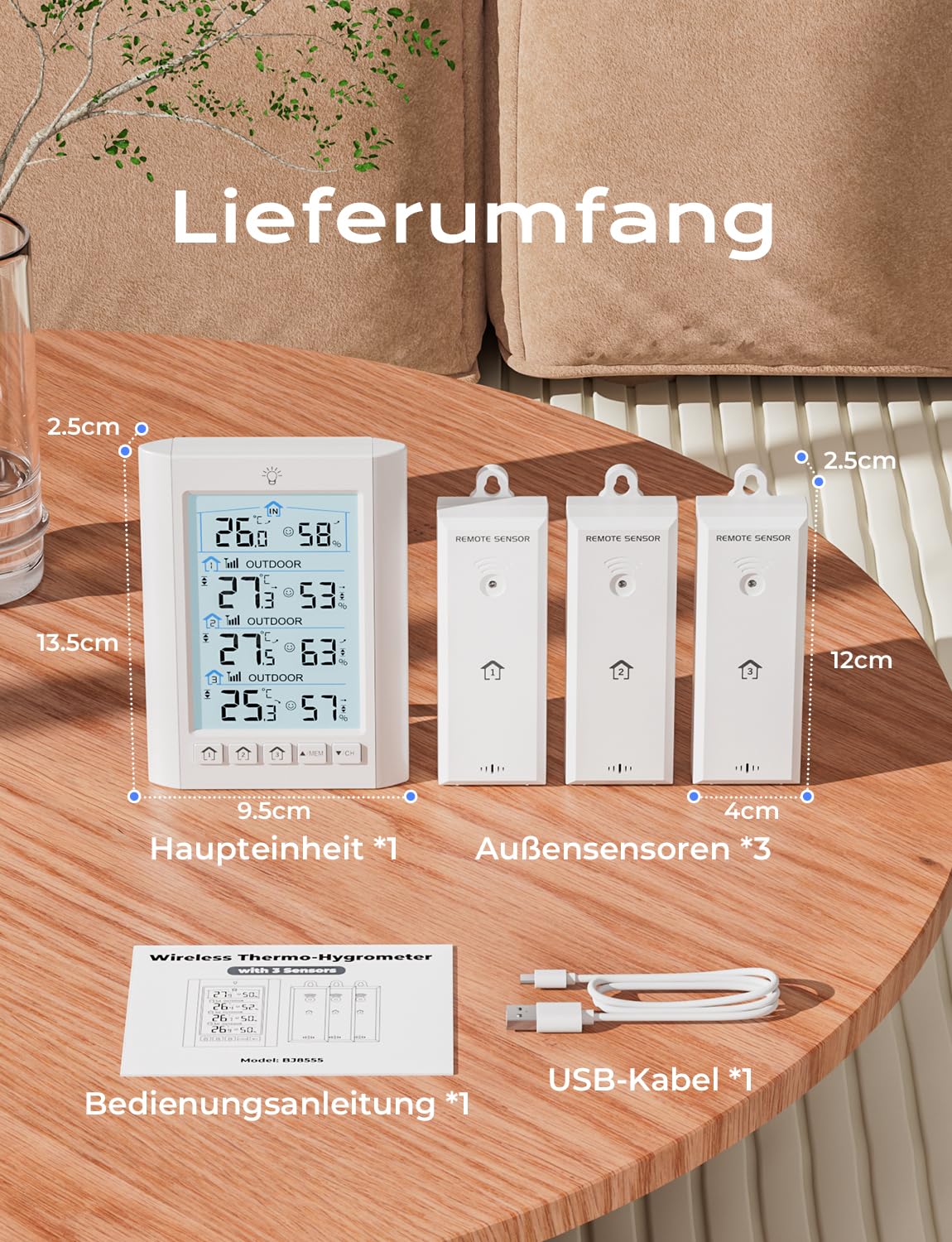 LIORQUE Funk Wetterstation mit 3 Außensensoren Digitales Thermometer Hygrometer Innen Funkwetterstation mit 100 m Reichweitensensor Thermo-Hygrometer für Gewächshaus Weinkeller