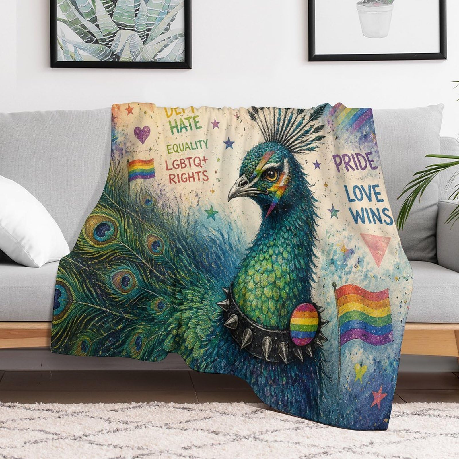 Punk LGBTQ Flag Peacock with Pride Symbols Kuscheldecke für Zuhause